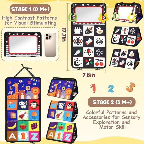 High Contrast Tummy Time Toy, Crinkle Mirror Sensory for Baby 0 to 12 Months - Picture 2 of 7